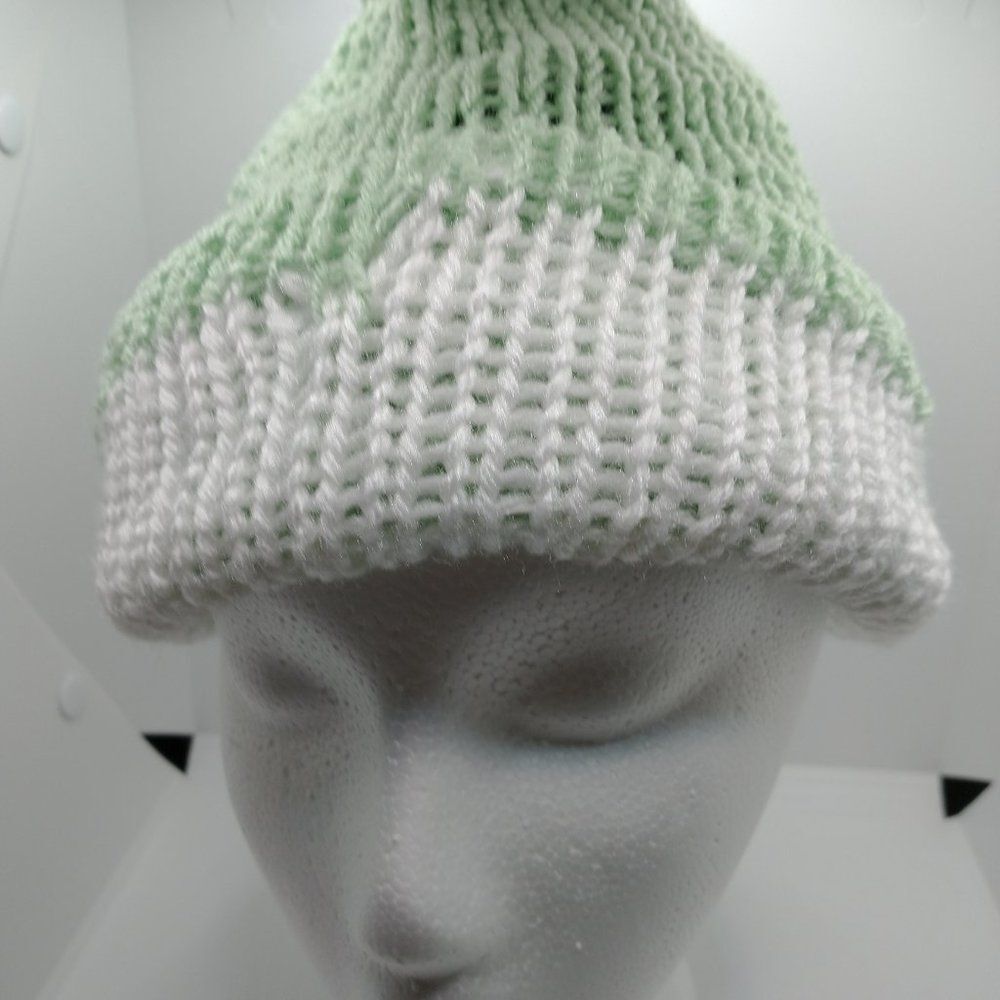 Hand Crafted Knit Unisex Hat Green White Winter Slouchy Warm Beanie Ski Cap